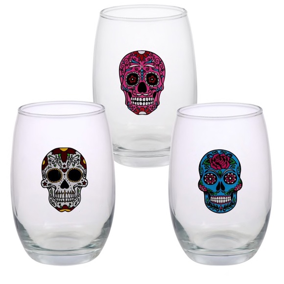 Other - 3 Day of the Dead Stemless Skull Wine Glasses